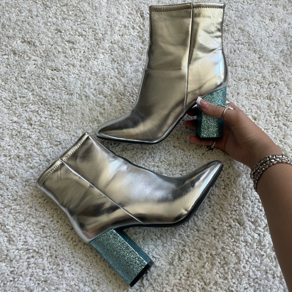 Urban Outfitters Silver Ankle Boots with Blue Glitter Heel